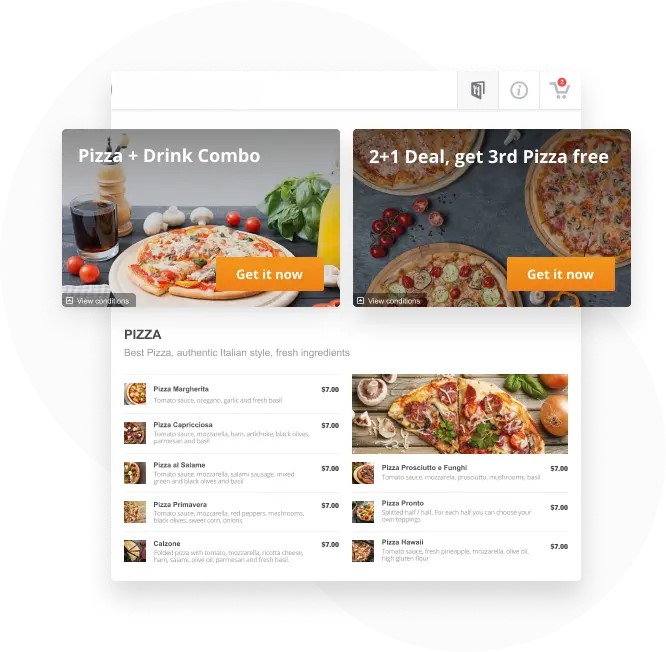 Online ordering system software for restaurant websites: The Munch Matrix restaurant menu ordering system enables you to advertise and include your promotions at the very top of the menu to stimulate a higher cart value